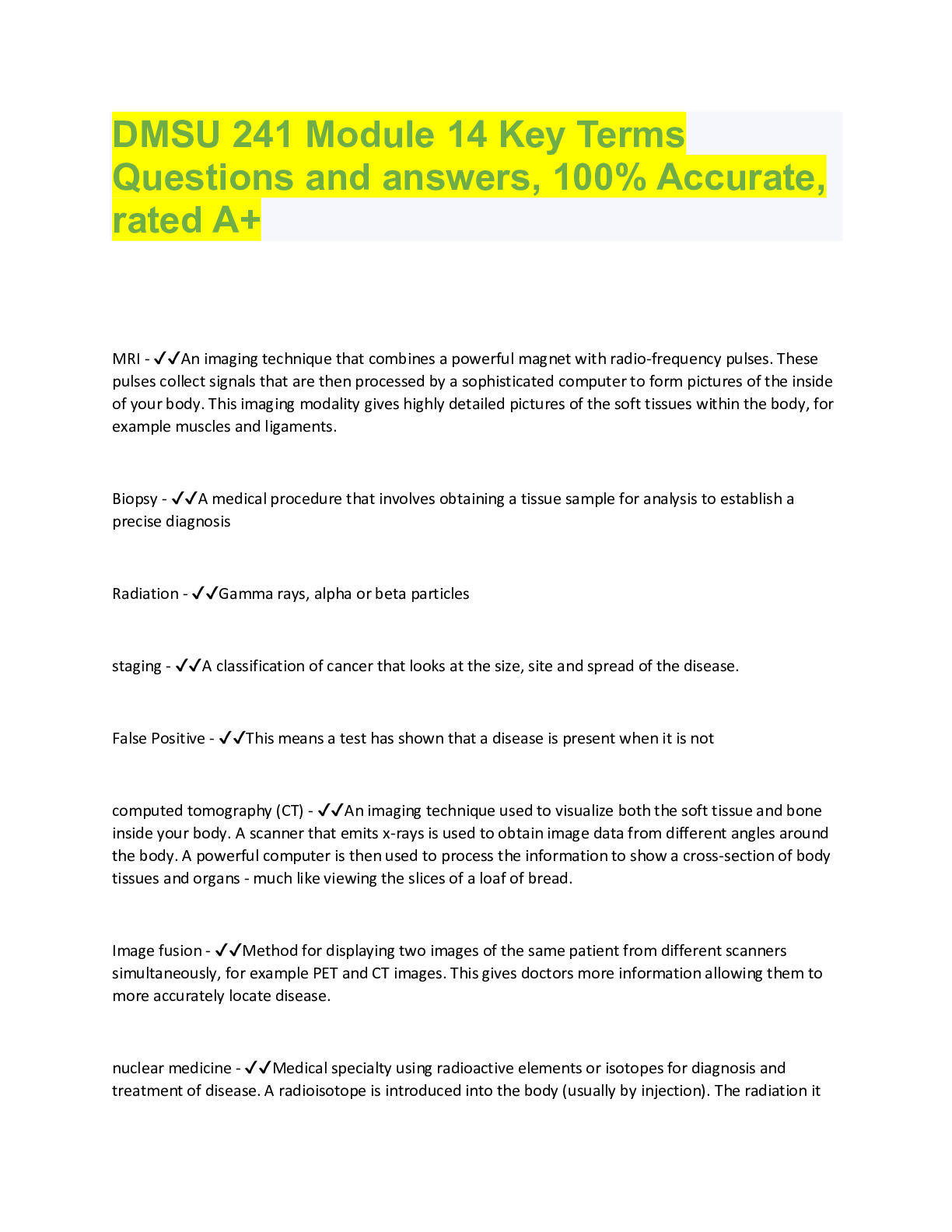 Preview of DMSU 241 Module 14 Key Terms Questions and answers, 100% Accurate,  rated A+